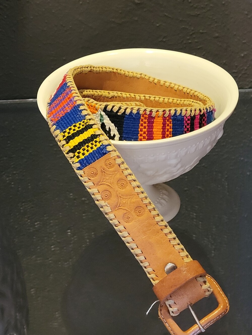 Handmade In Guatamala 70s/80s Textile And Tooled Leather Belt Size 38